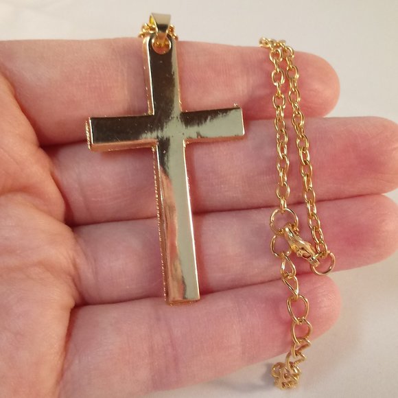 Mens Yellow Gold Plated Smooth Cross Pendant Chain Necklace 20" Party Gift - Picture 1 of 3